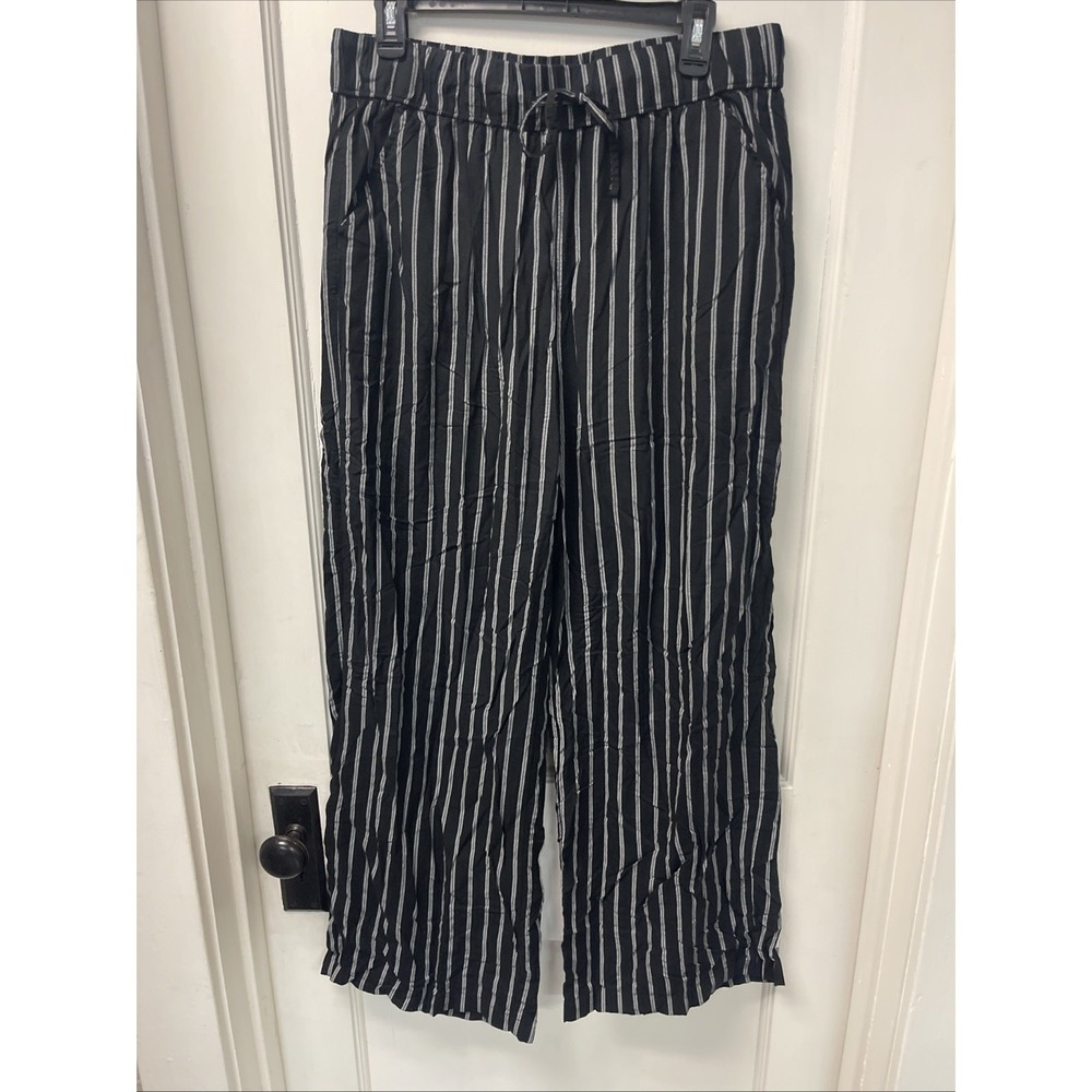 SO Women's Black & White Striped Linen Rayon Pull-On Drawstring Pants Xl